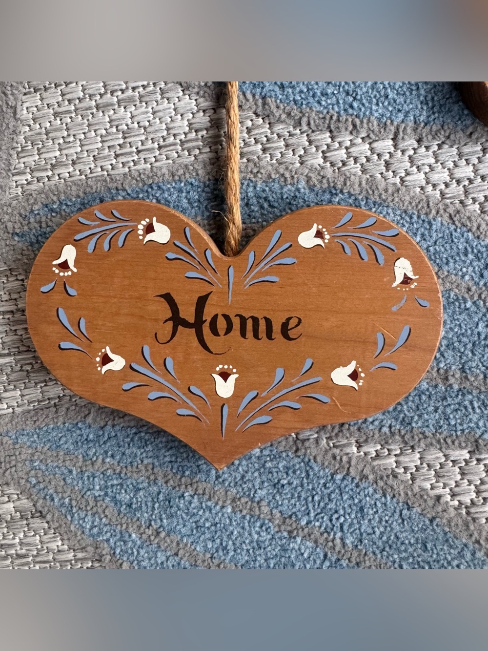 Vintage Country Cottage Wood Twine Heart Hanging Decor "Bless Our Home" Blue 90s - Picture 5 of 5